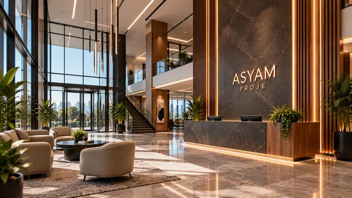 Karşılama / Resepsiyon — yüksek tavanlı modern giriş holü