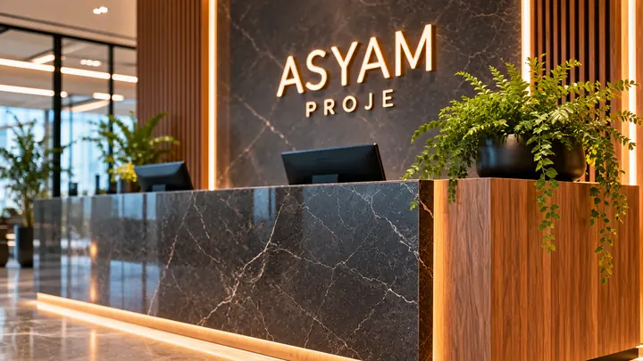 Karşılama / Resepsiyon — resepsiyon bankosu, malzeme ve ışık detayı