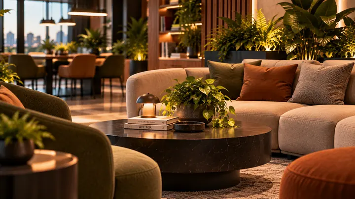 Lounge / Sosyal Alanlar — tekstil, bitki ve mobilya detayı