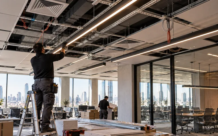 Açık tavan sistemleri ve lineer aydınlatma elemanlarının montaj ve koordinasyon aşamasındaki modern ofis